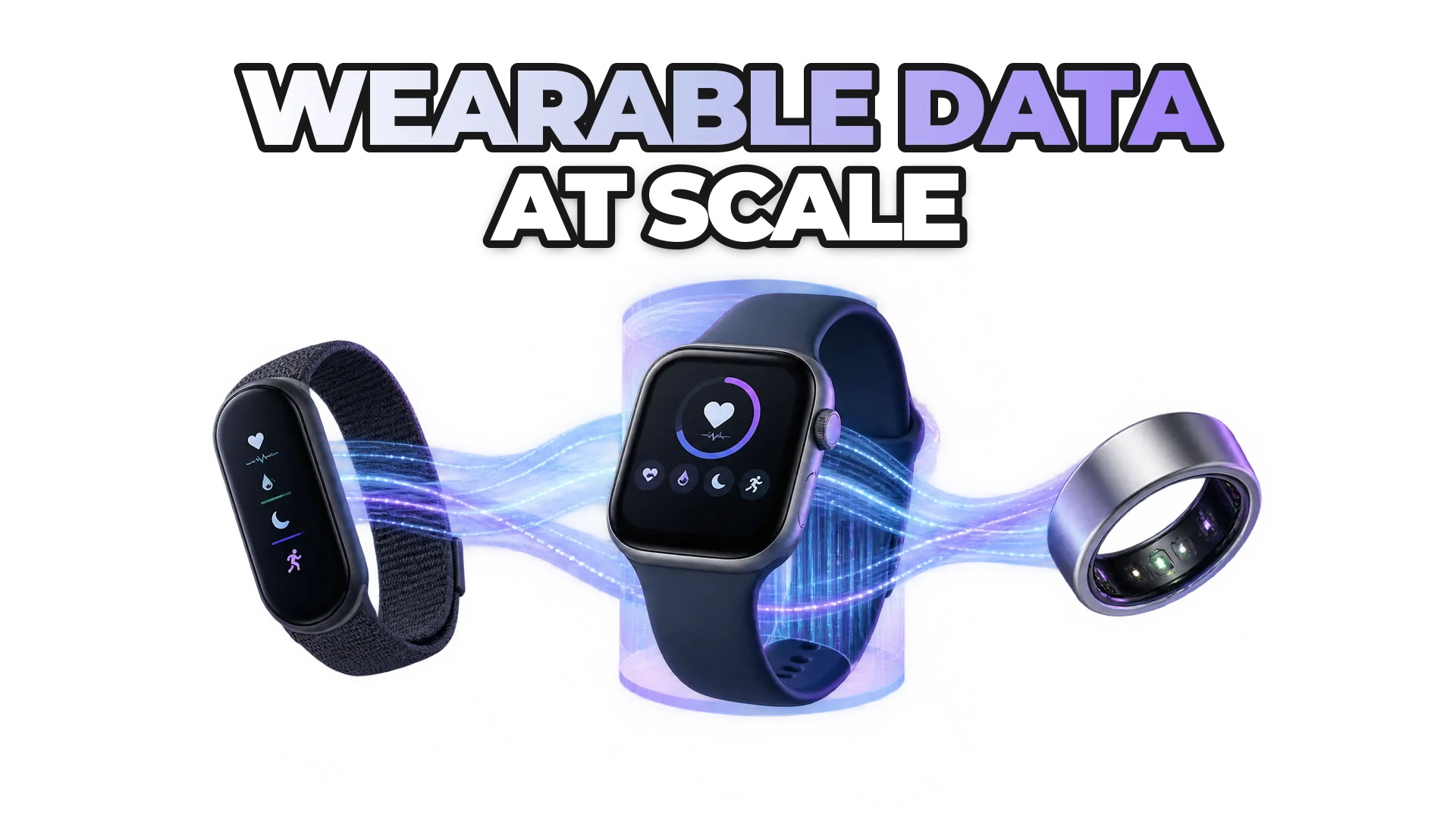 Multiple wearable devices (smartwatch, fitness band, ring) converging into a single standardized data stream, representing the central challenge of cross-device consistency and longitudinal data collection across consumer populations.
