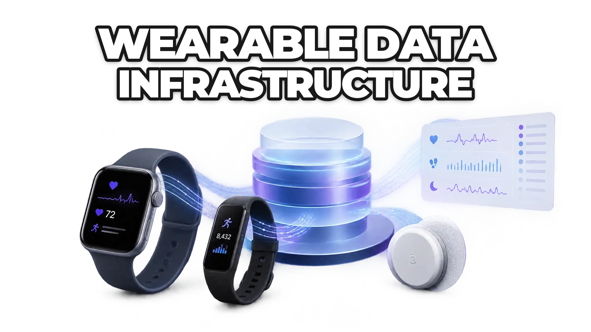A unified data platform aggregating signals from multiple wearable devices (smartwatch, fitness tracker, health monitor) into a single standardized schema, showing data normalization and cross-device comparability as the central throughline