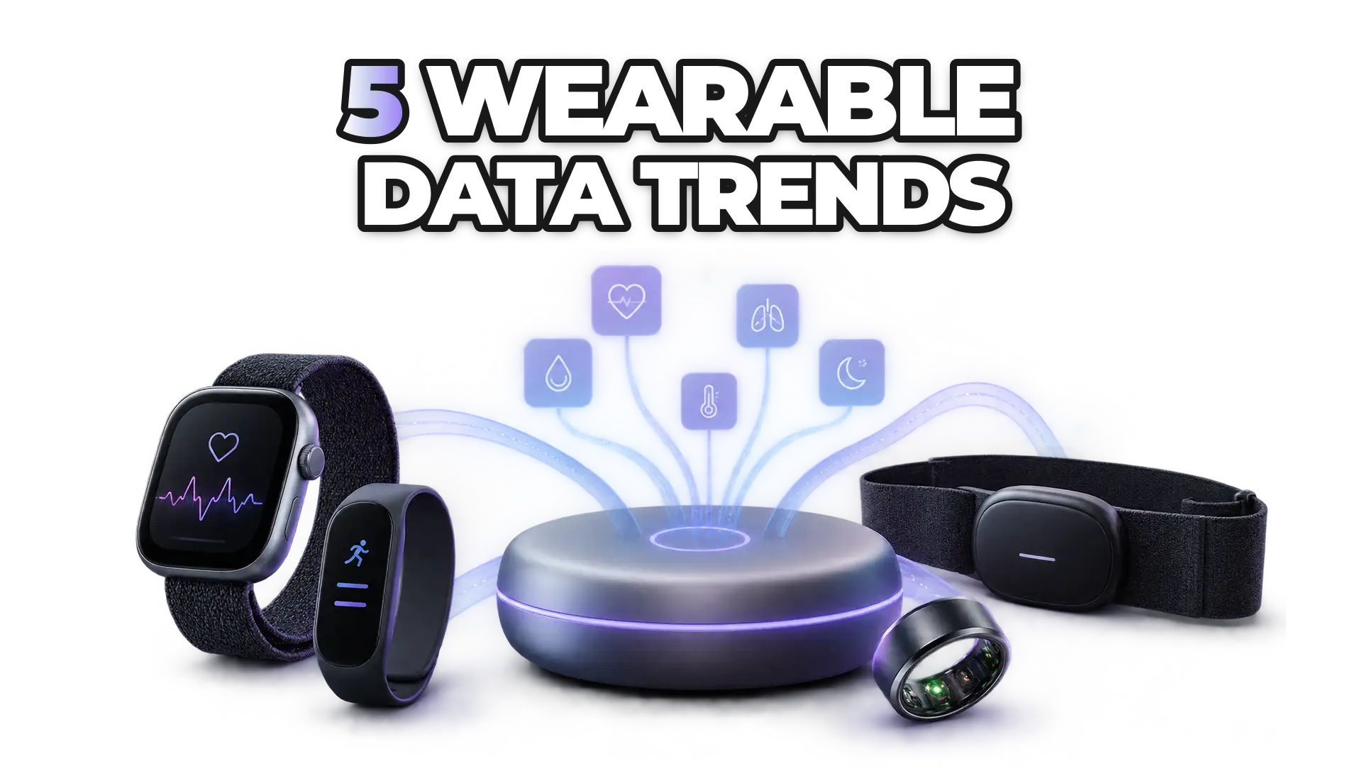Multiple wearable devices and data sources (smartwatch, fitness tracker, biosensor) feeding standardized data into a unified platform or central hub. Shows aggregation and normalization rather than isolated devices.