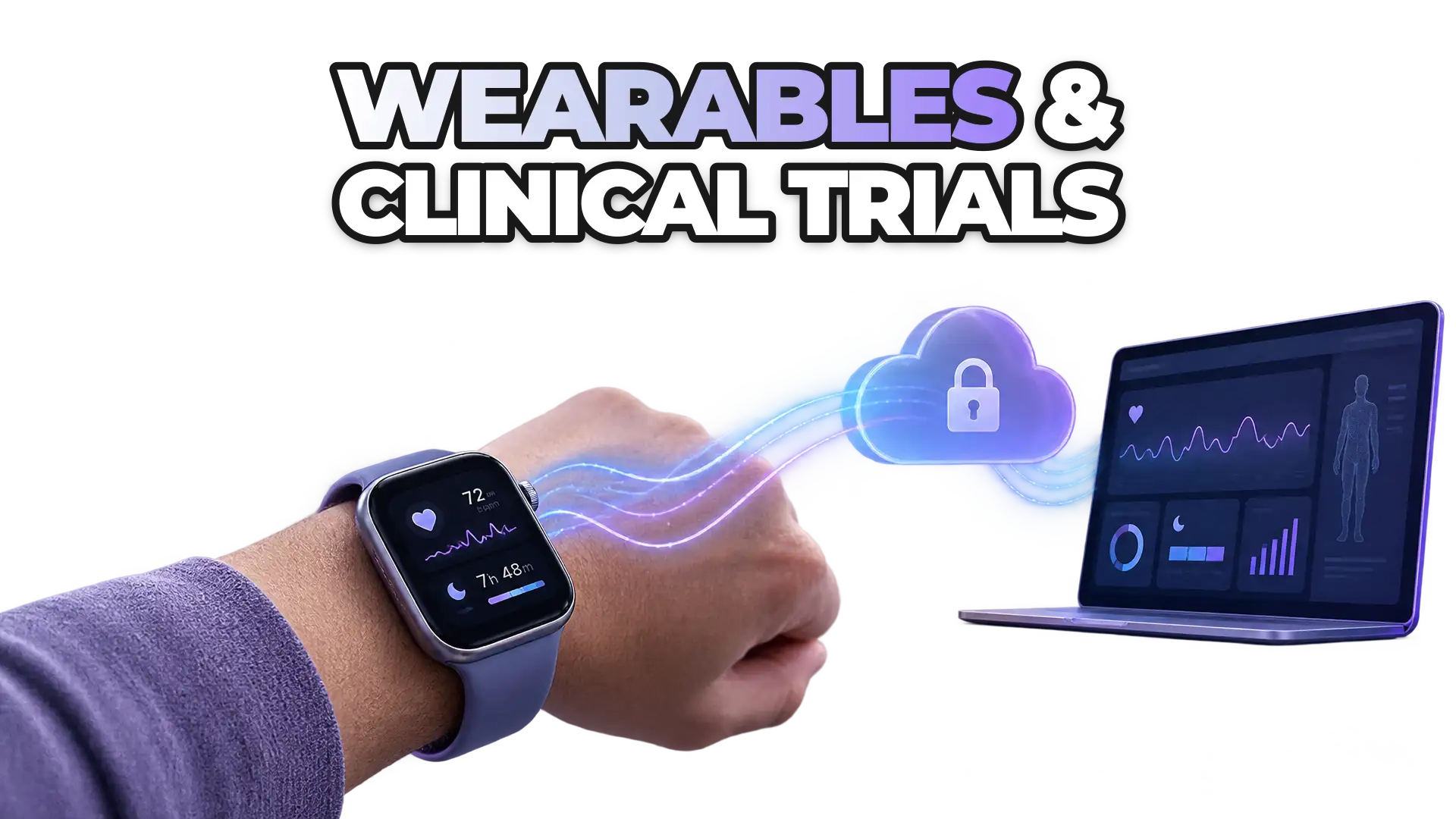 A smartwatch or medical sensor device collecting continuous health metrics like heart rate and sleep data from a participant in a remote clinical study setting, with data flowing securely to a research platform.