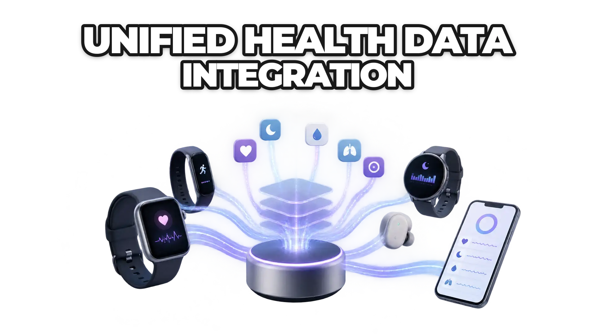 A central hub or nexus connecting multiple wearable devices, smartwatches, and health app icons into a single standardized data stream flowing into a platform. Show the convergence of fragmented data sources becoming one coherent flow.