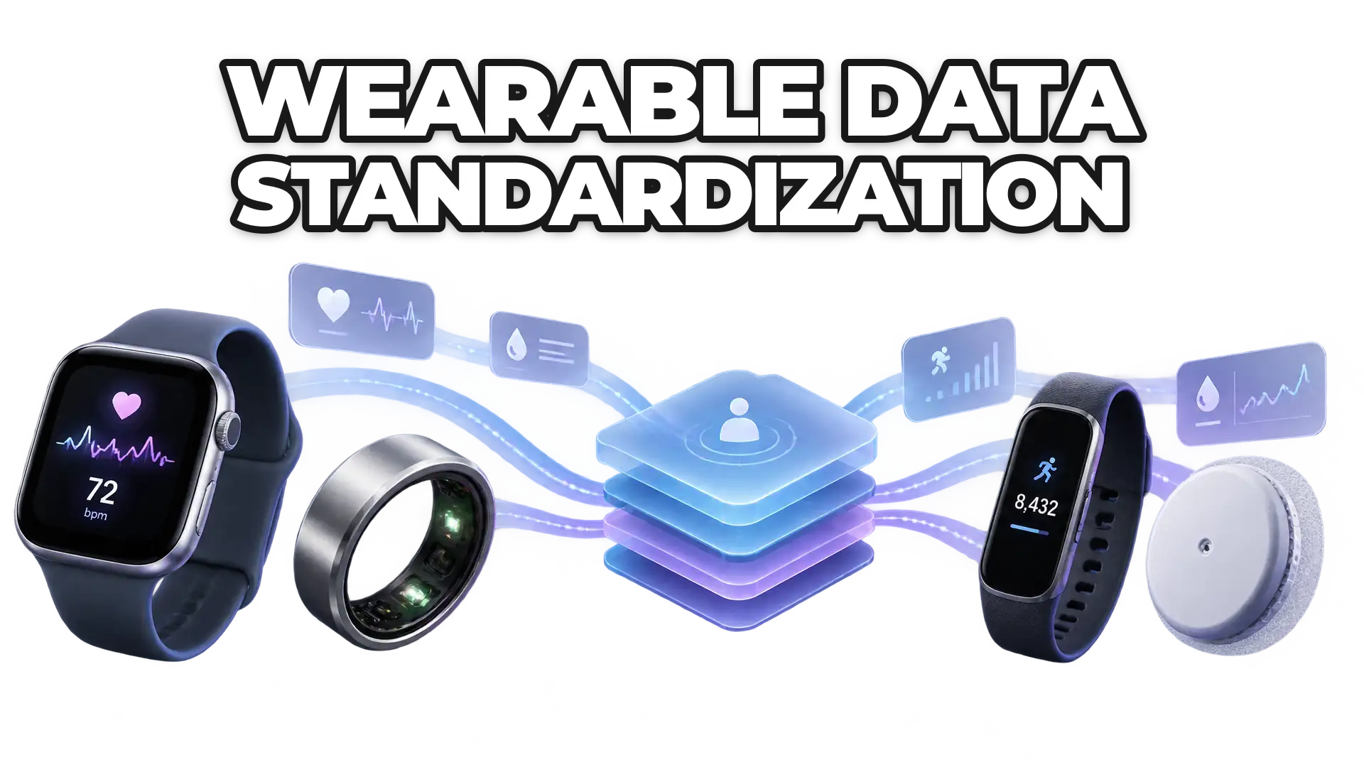 Multiple wearable devices (smartwatch, ring, fitness tracker, glucose monitor) feeding into a unified data pipeline or standardized layer, showing fragmented inputs converging into organized, consistent health data.