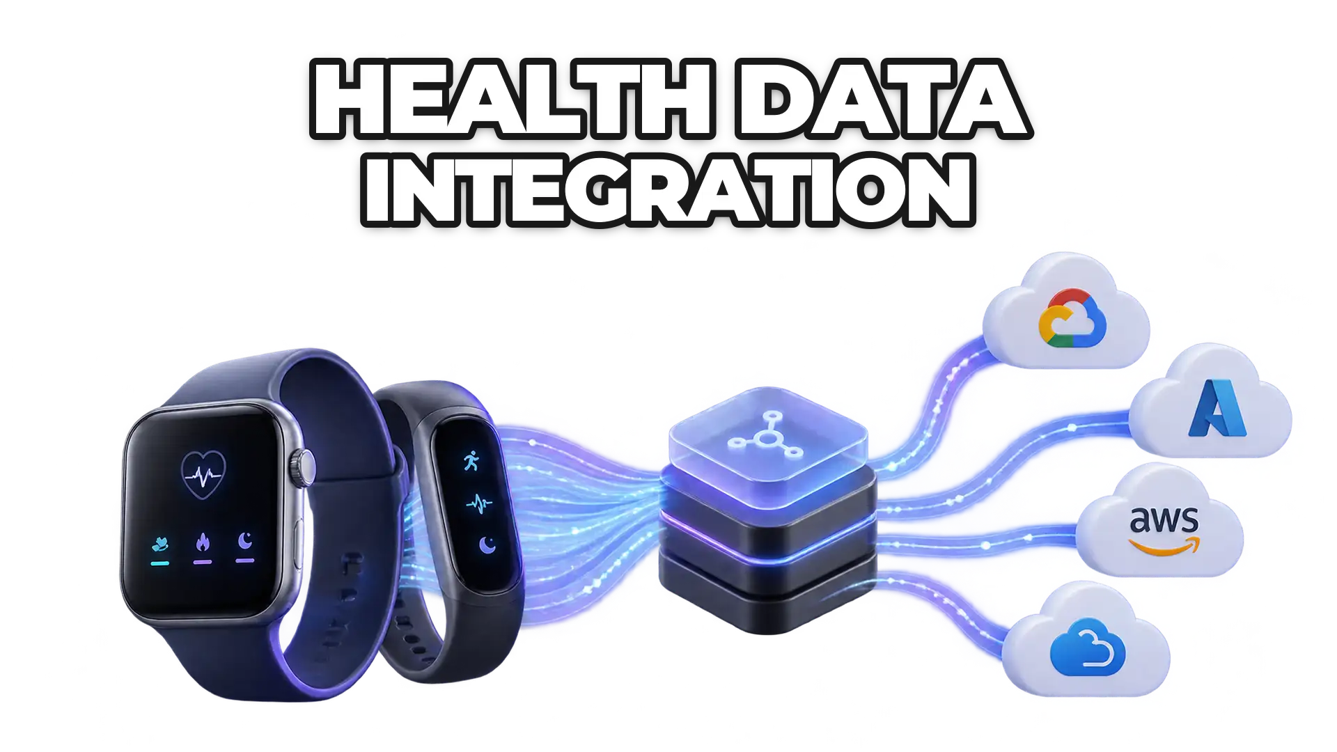 A wearable device syncing data through a unified API gateway to multiple cloud services, showing standardized data formats flowing from smartwatch and fitness band to a central platform.