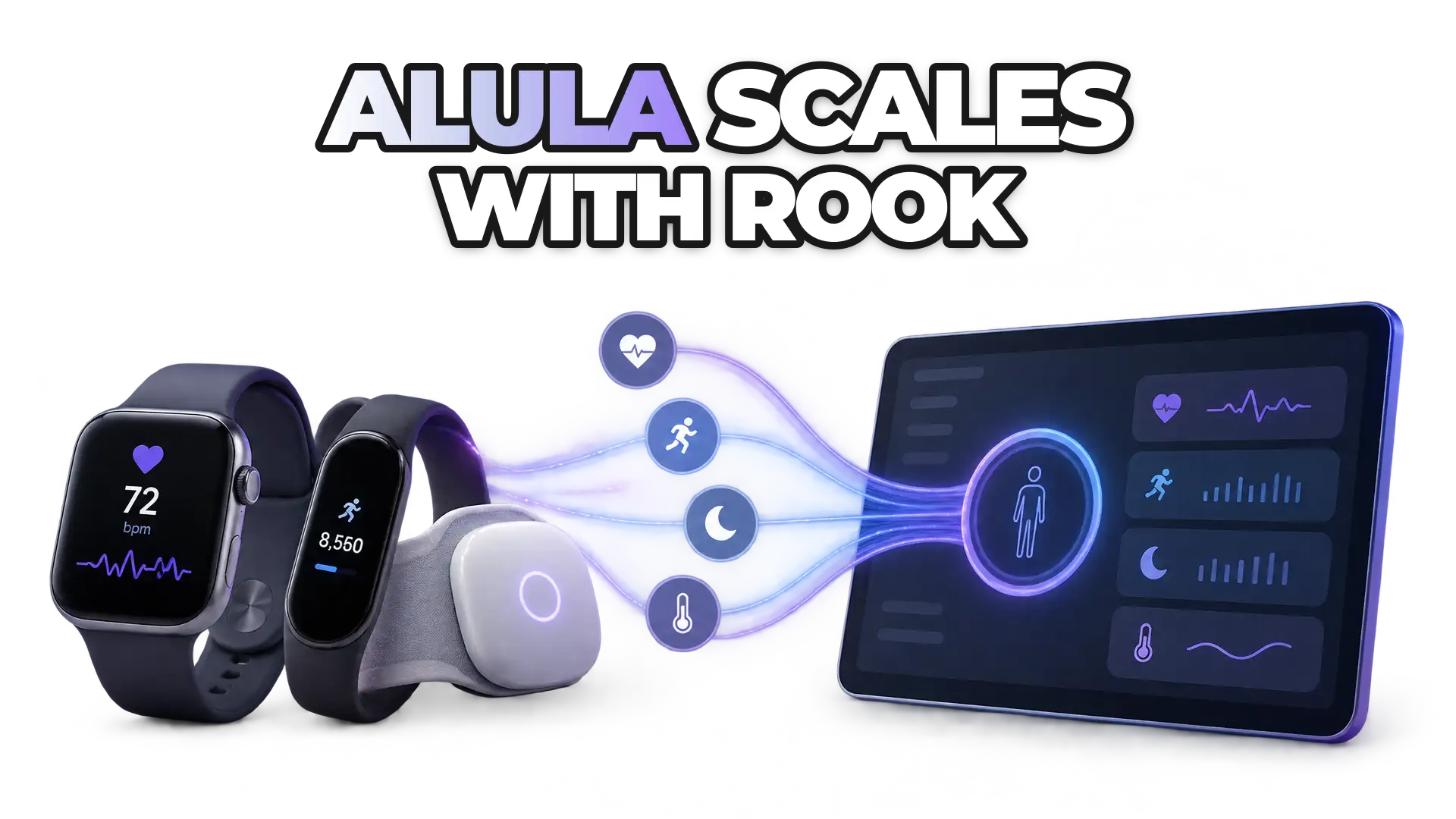 Multiple connected wearable devices feeding standardized health data into a unified platform. Show devices (smartwatch, fitness tracker, health monitor) converging into a single data stream or dashboard, emphasizing the consolidation of mul