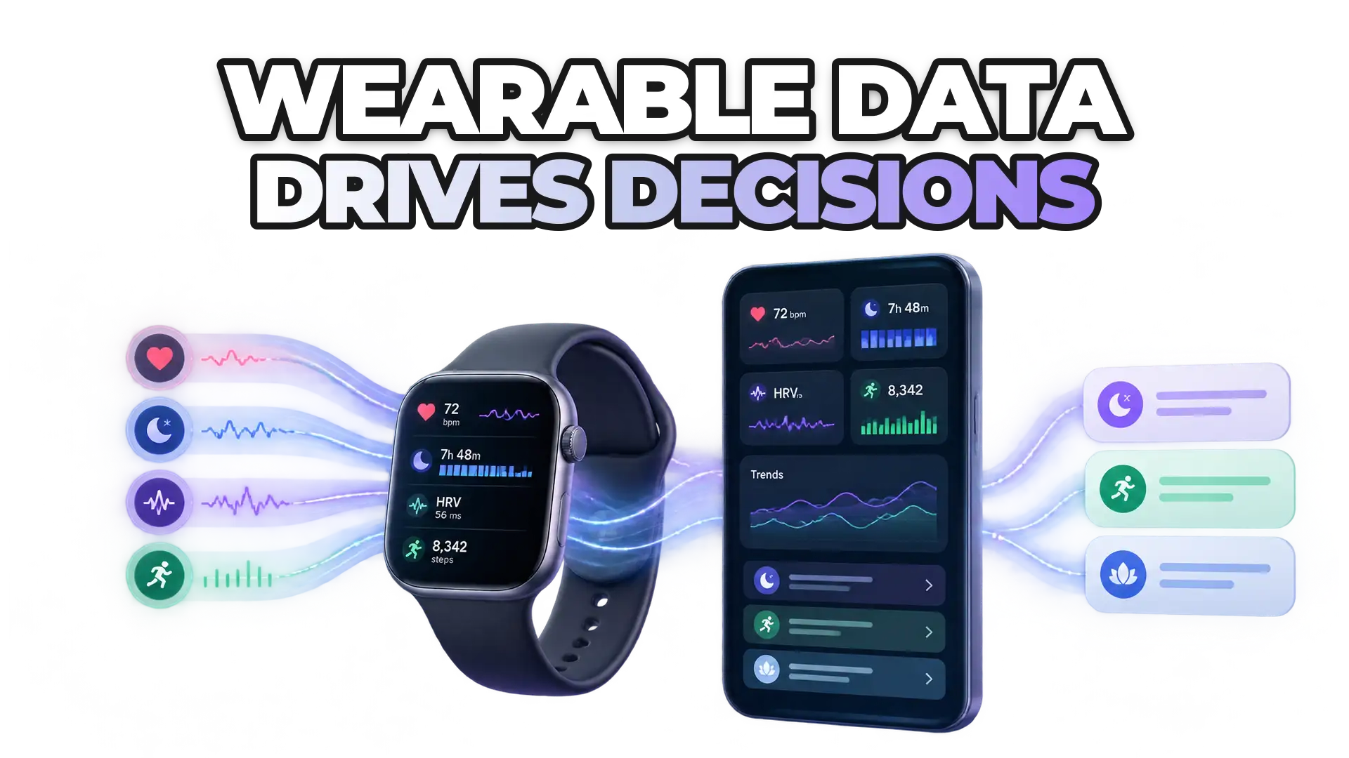 A wearable device (smartwatch or fitness tracker) connected to a digital health dashboard displaying real-time biometric data streams—heart rate, sleep, HRV, activity—flowing into actionable alerts and personalized recommendations. Show dat