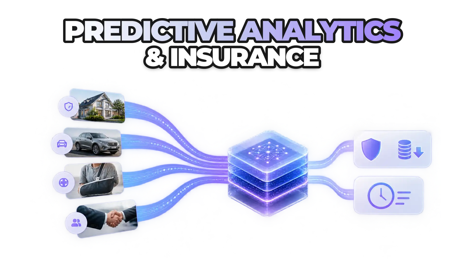 A data stream flowing from multiple insurance touchpoints—risk assessment, claims, underwriting, and sales—converging into a predictive model that outputs accurate premiums and faster resolutions. Show data, algorithms, and outcomes without