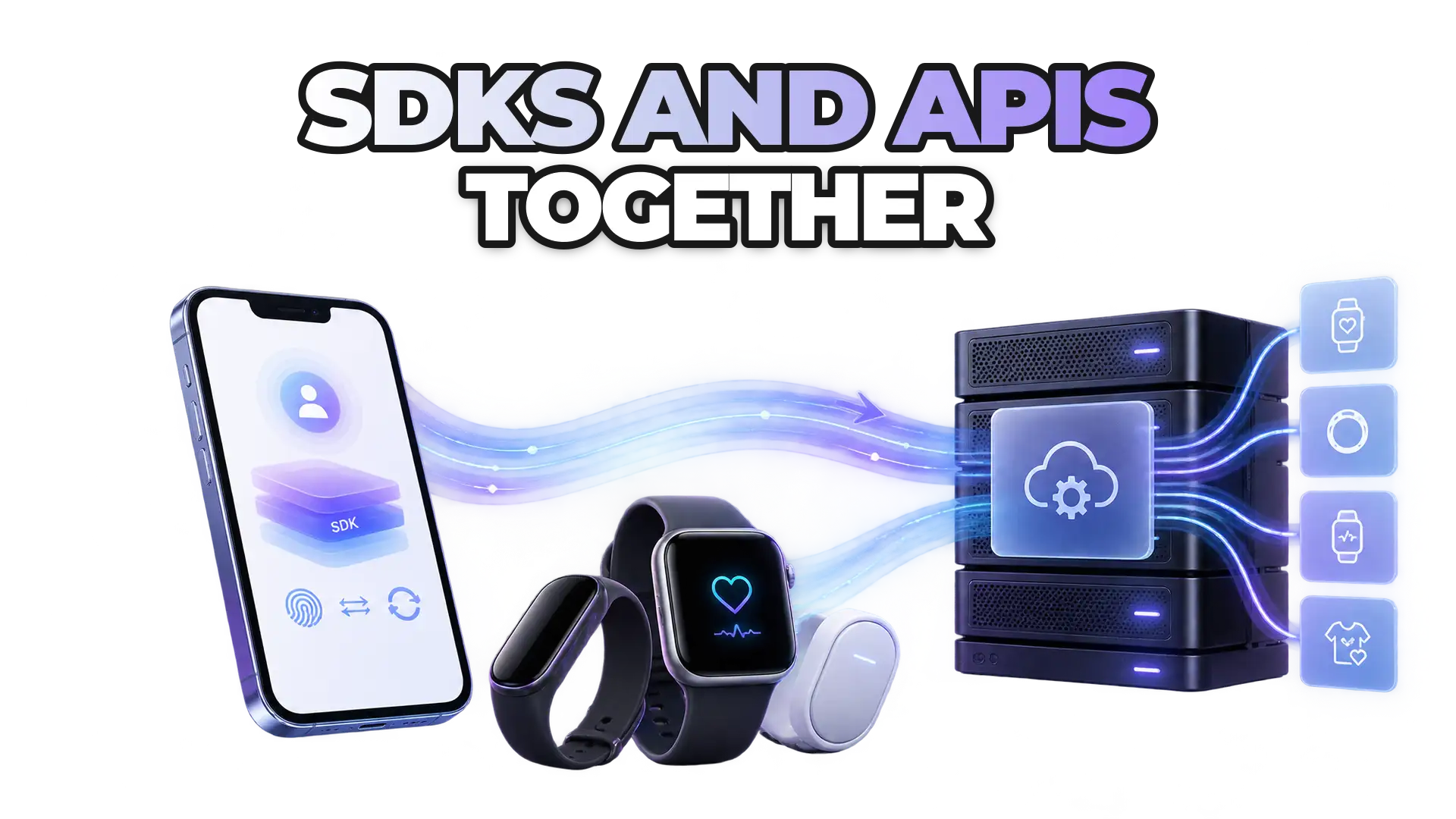 A mobile device and backend server connected by bidirectional data flows, with an SDK layer on the device side handling authentication and sync, and an API layer on the server side processing normalized health data from multiple wearable so