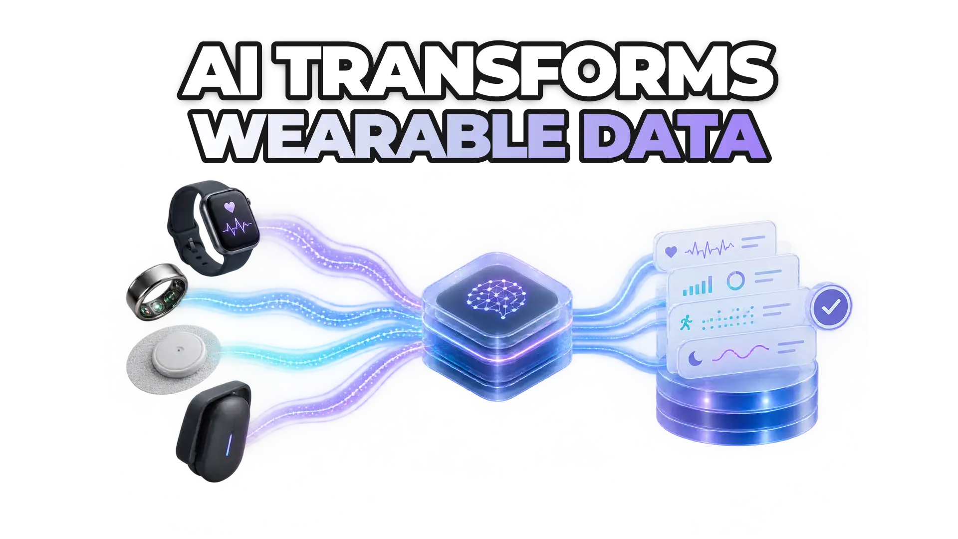 A data stream flowing from multiple wearable devices (smartwatch, ring, patch, biosensor) into a central AI processing system that cleans, standardizes and structures the signals into pharmaceutical-grade evidence. Show the transformation f