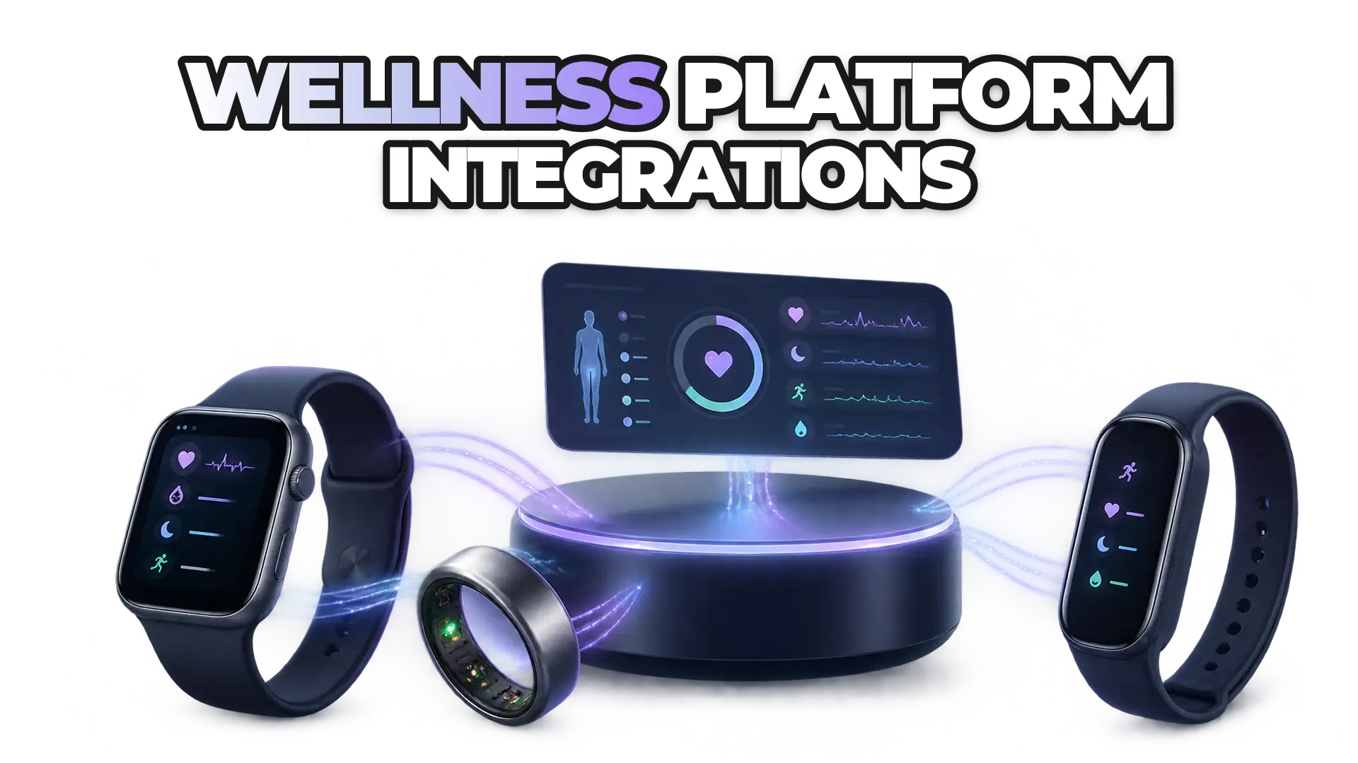 A unified API gateway connecting multiple wearable devices—smartwatch, ring, fitness band—flowing normalized health data into a single wellness platform dashboard.