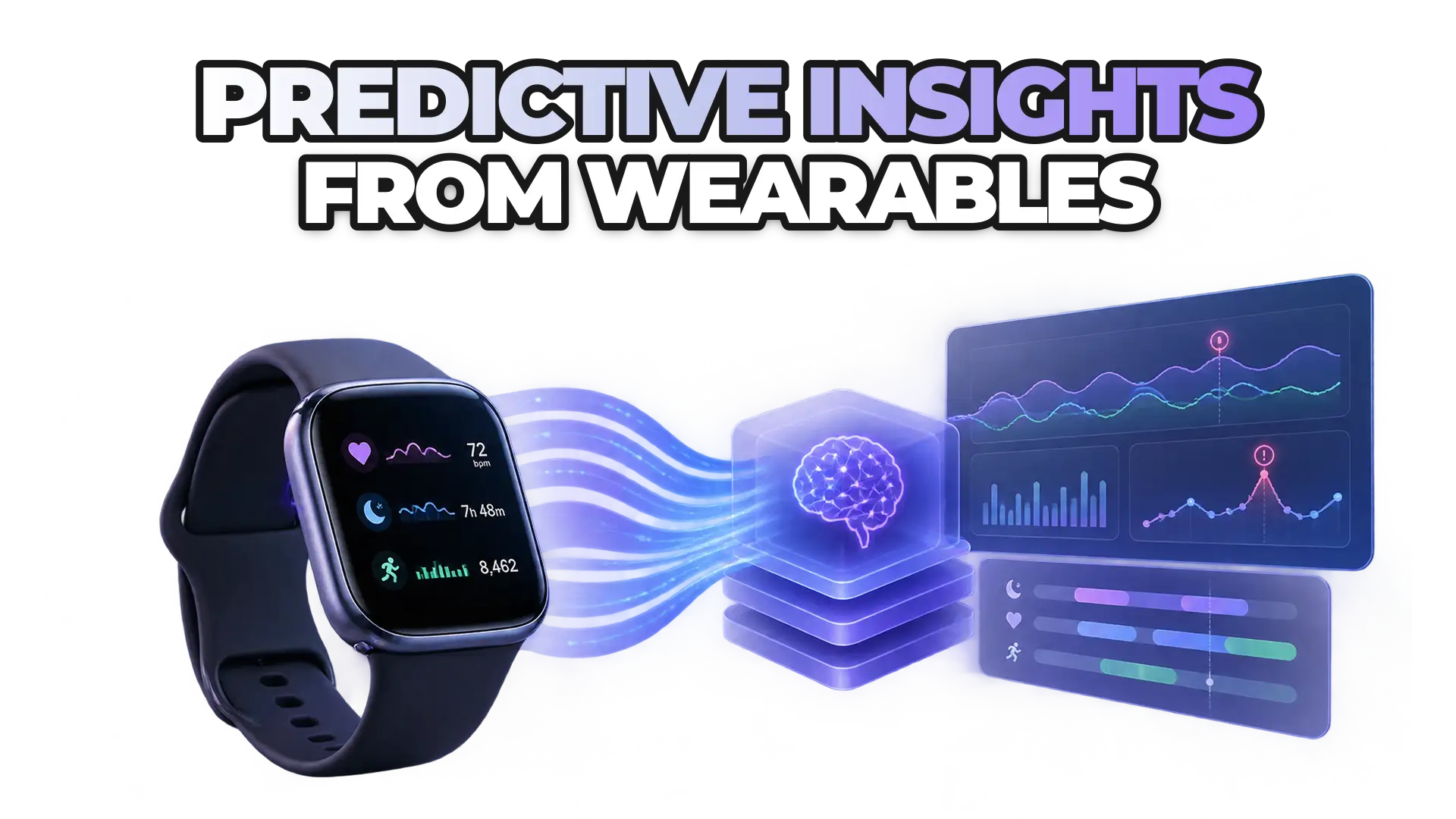Wearable devices collecting continuous longitudinal data—minute-by-minute heart rate, sleep, activity—that feeds into a machine learning model displaying trend detection and anomaly flagging. Emphasize the data pipeline and pattern recognit