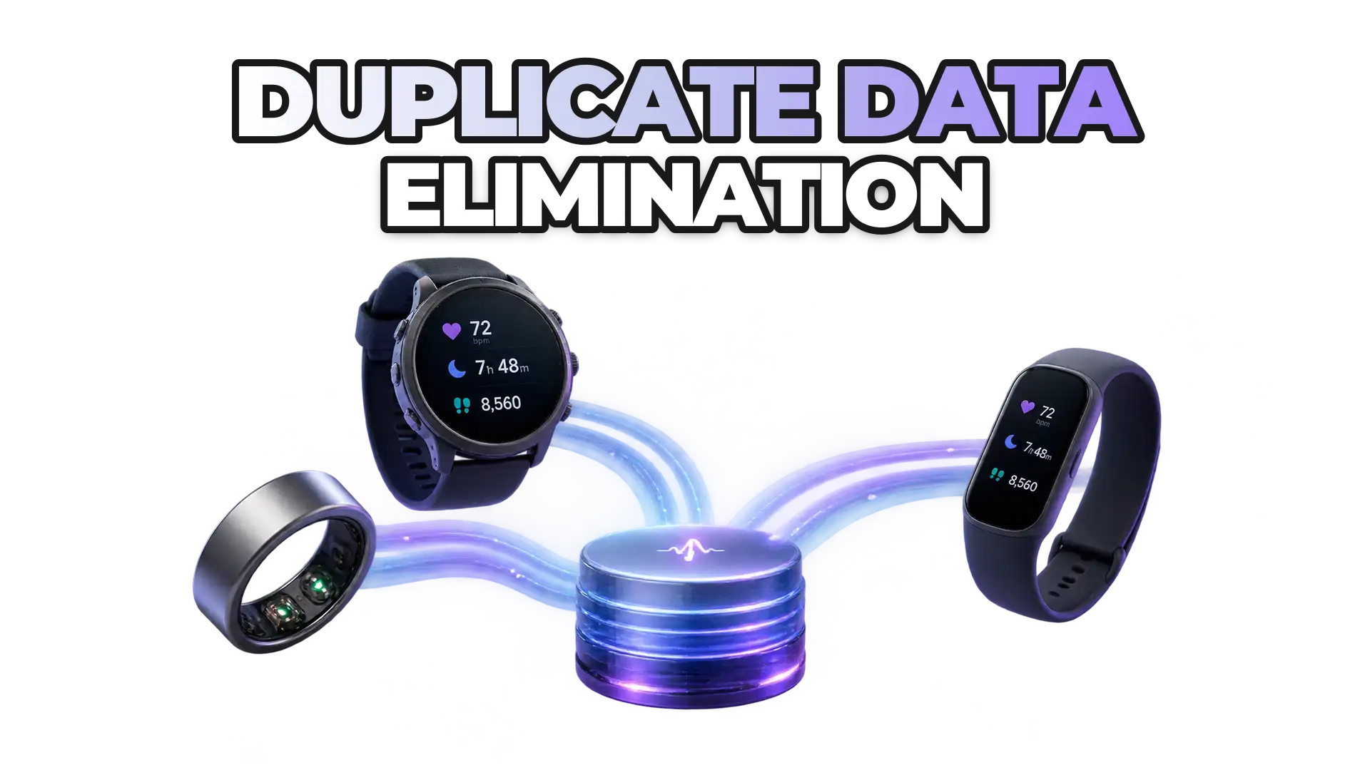 Multiple wearable devices (Oura ring, Garmin watch, fitness tracker) feeding the same health metrics into a single data stream, with redundant entries being filtered out and consolidated into one clean source.