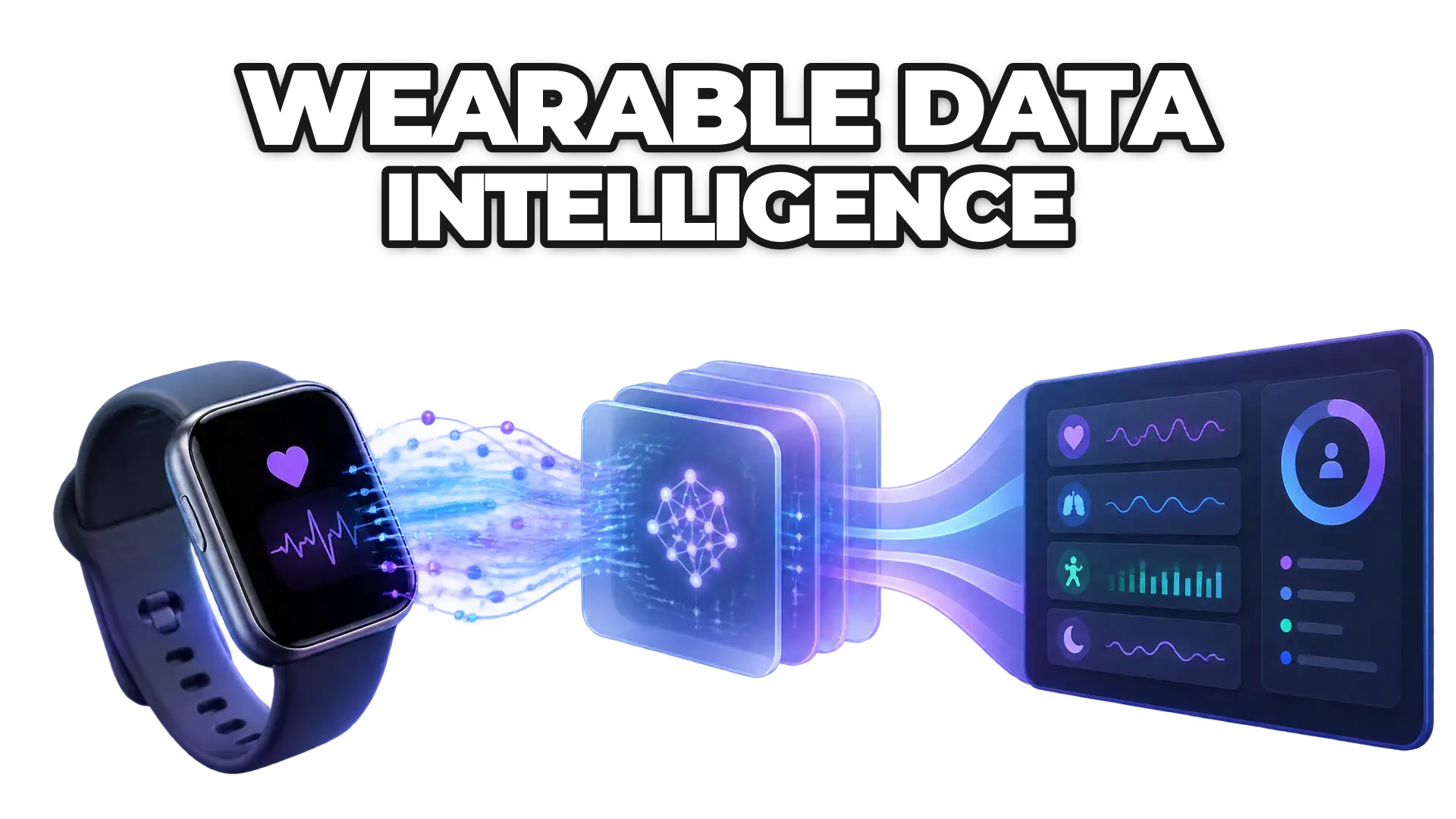 A wearable device streams biometric signals that flow through an AI processing layer, transforming raw data points into actionable health insights displayed on a dashboard. Show the conversion from noise to signal without diagnostic imagery