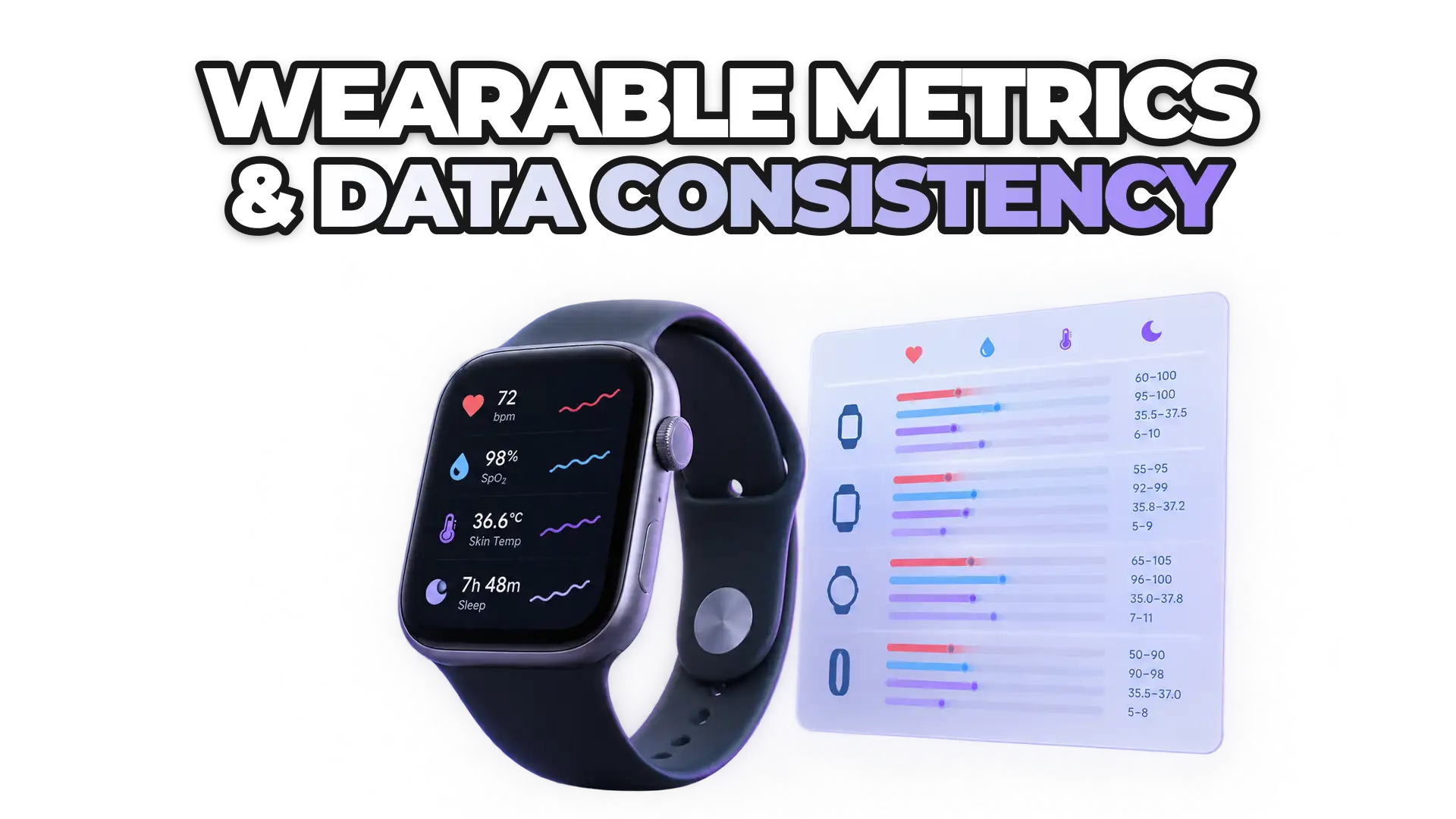 A smartwatch or health ring collecting biometric signals that branch into five metric categories (cardiovascular, sleep, activity, recovery, respiratory), then reconverge through a single normalized schema for application consumption.