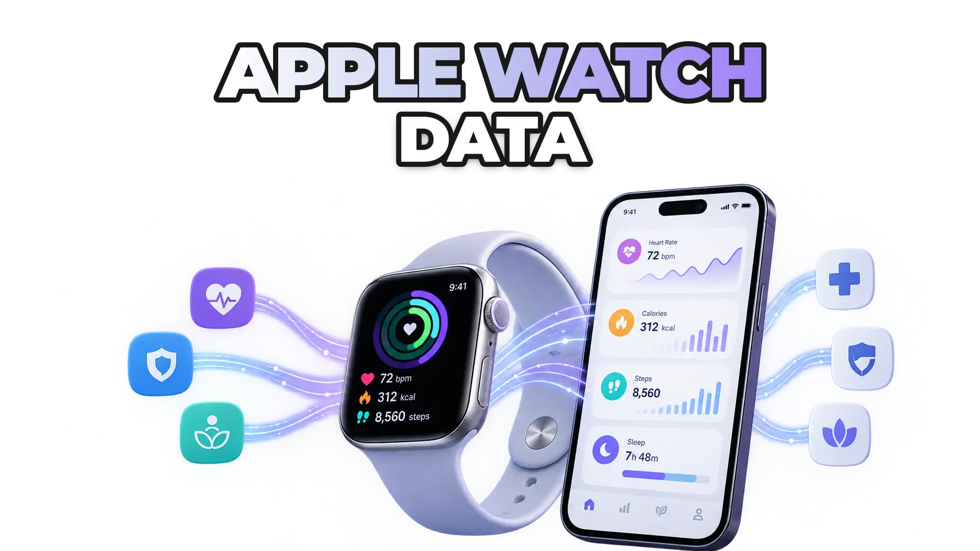 An Apple Watch syncing with a mobile app interface, displaying health metrics flowing between the device and a connected application dashboard. Show data streams, the watch face, and app icons representing insurance or wellness platforms.