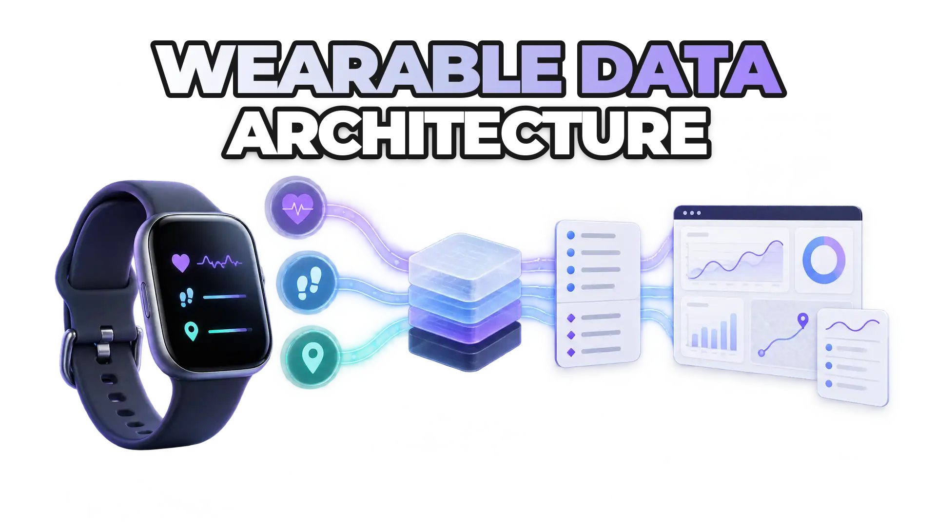 A wearable device connected to a structured data pipeline showing the flow from raw sensor inputs (heart rate, steps, GPS) through standardized fields and optional proprietary metrics into a dashboard or analytics interface.