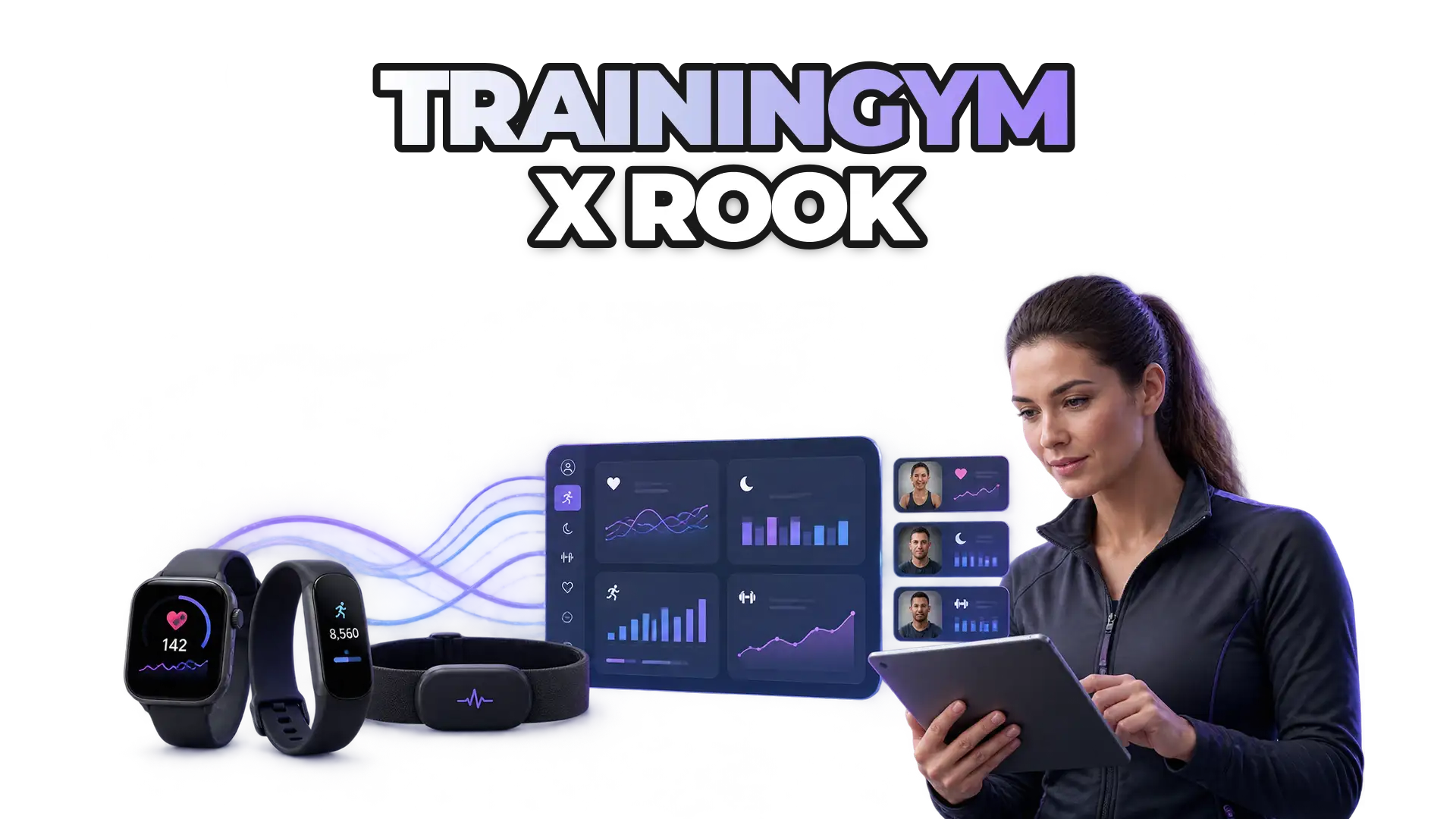 A fitness platform dashboard displaying connected wearable devices (smartwatch, fitness band, heart rate monitor) feeding normalized data streams into a unified system, with a trainer reviewing member activity and sleep metrics alongside gy