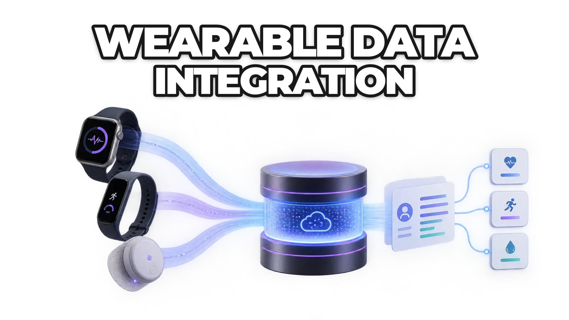 Multiple wearable devices (smartwatch, fitness band, health monitor) connecting through a unified API gateway into a central data platform, showing normalized data flows converging into a single standardized schema.