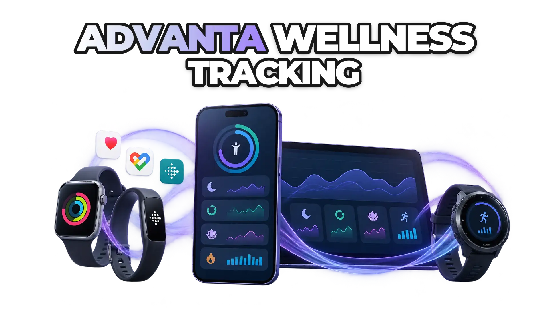Multiple wearable devices and health apps (Apple Health, Google Fit, Fitbit, Garmin) connected through ROOK to a unified dashboard displaying sleep, recovery, stress and activity metrics.