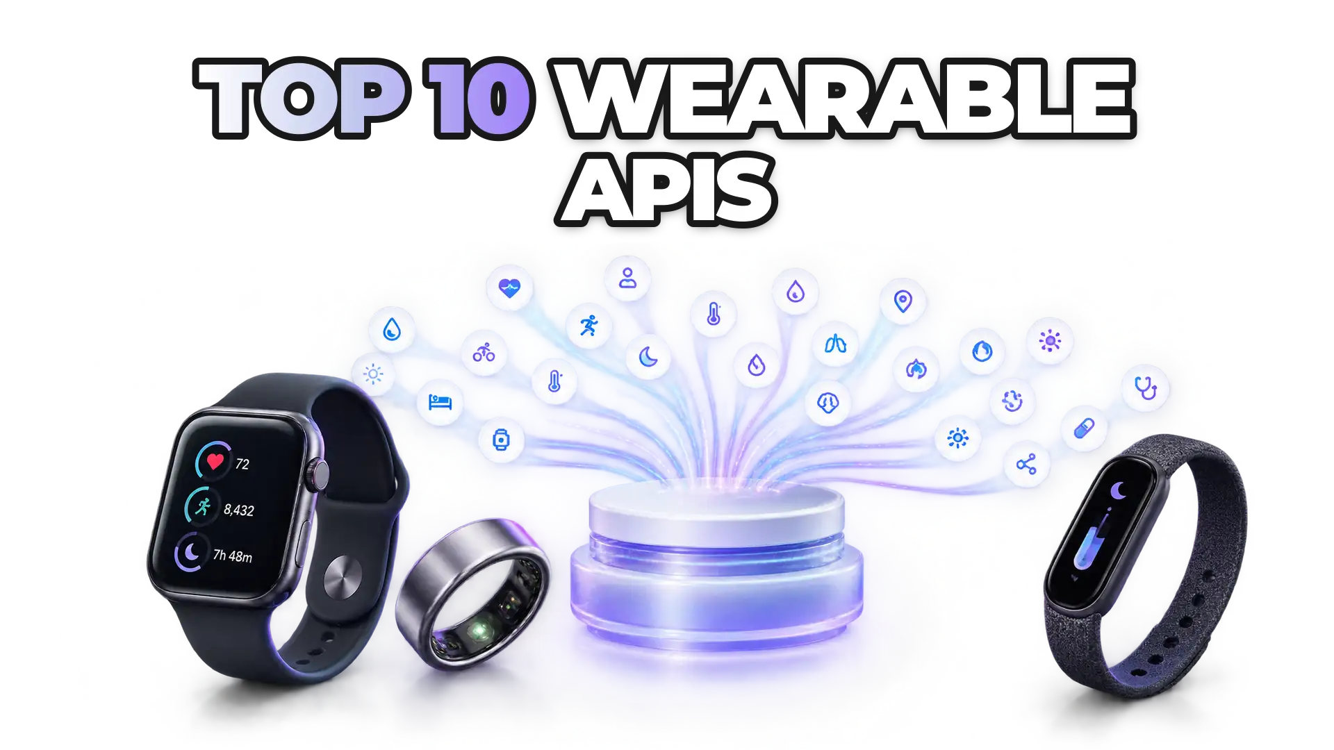Multiple wearable devices (smartwatch, ring, fitness tracker) connecting through a unified platform, with data streams converging into a single standardized format. Show 72+ data sources flowing into one integration point.