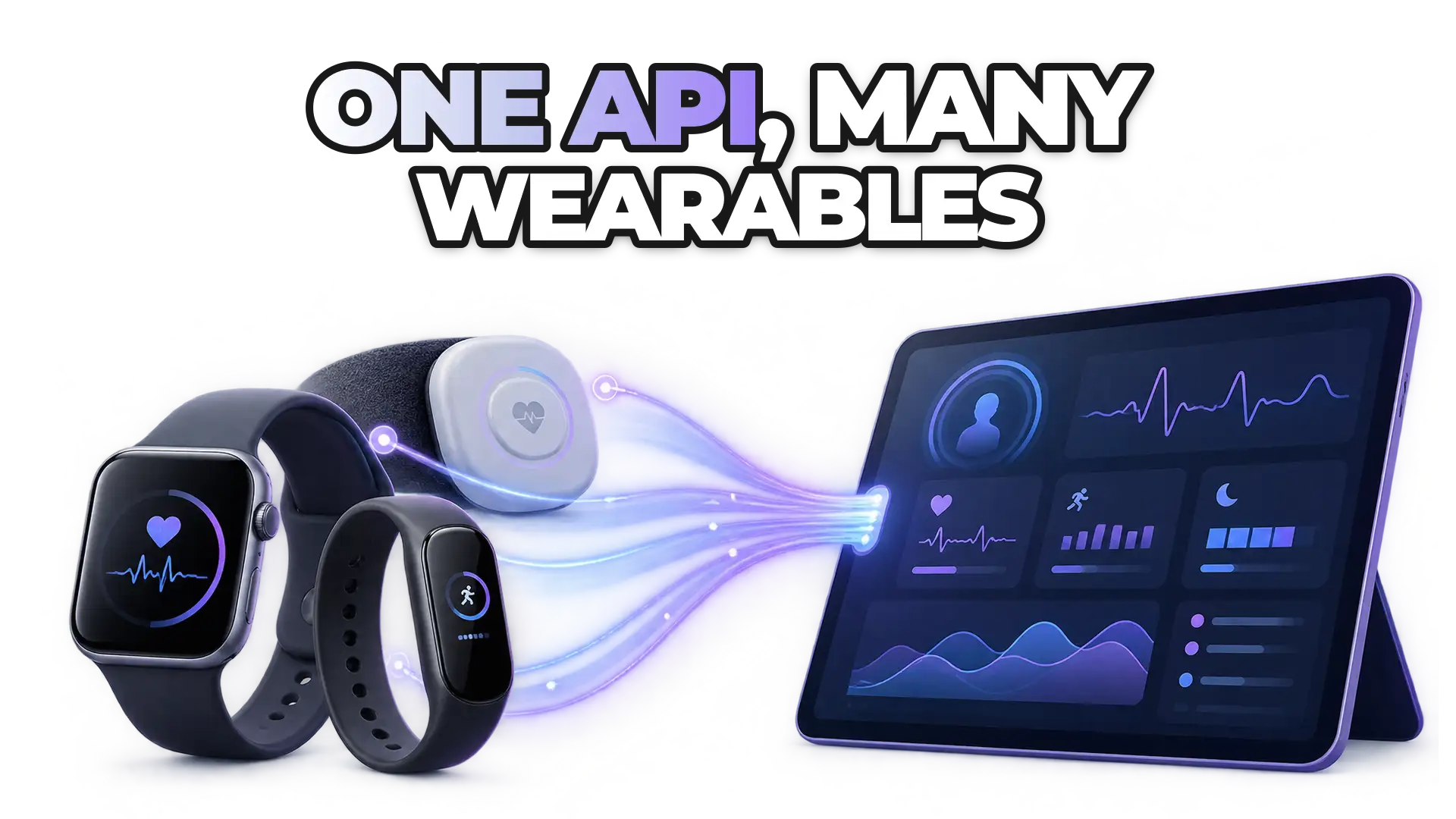 A unified data stream flowing from multiple wearable devices (smartwatch, fitness band, health monitor) into a single centralized platform or dashboard, representing data consolidation and standardization.