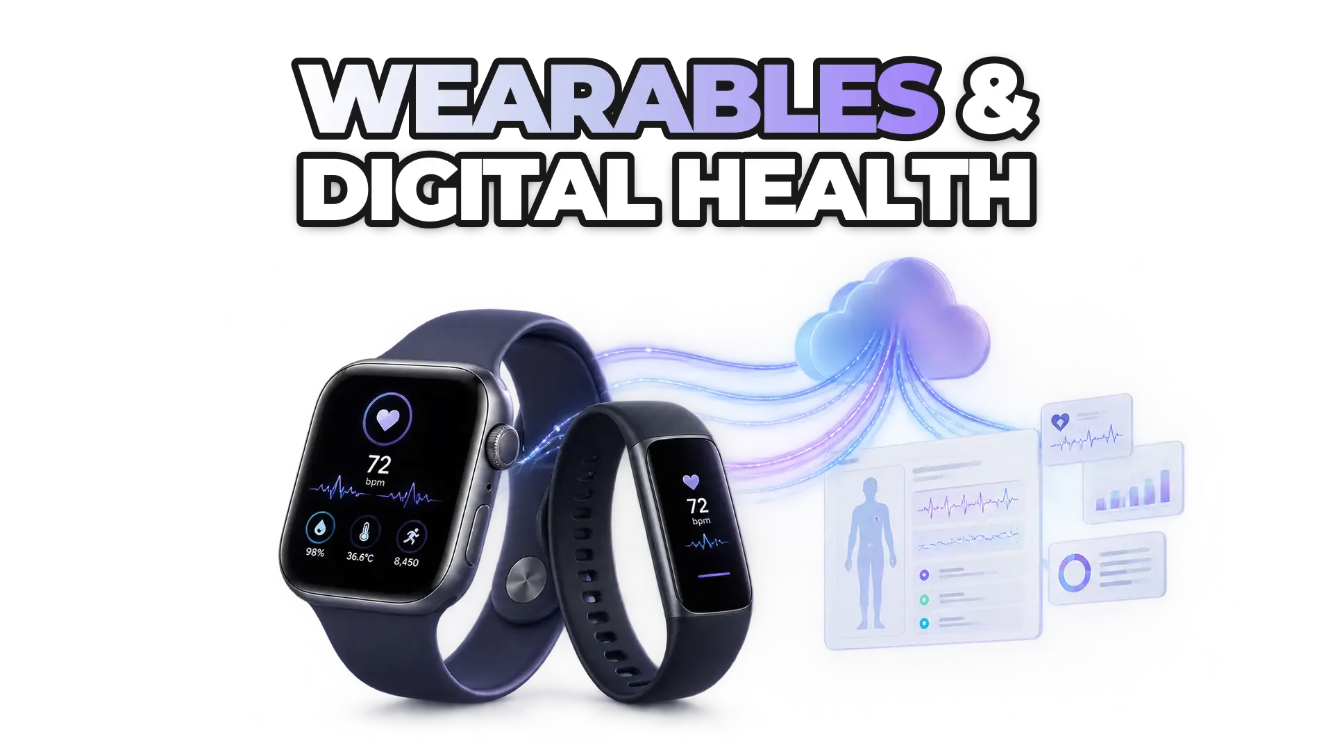 A smartwatch and fitness tracker transmitting real-time health signals to cloud-connected healthcare applications, showing the bridge between consumer devices and enterprise health systems.