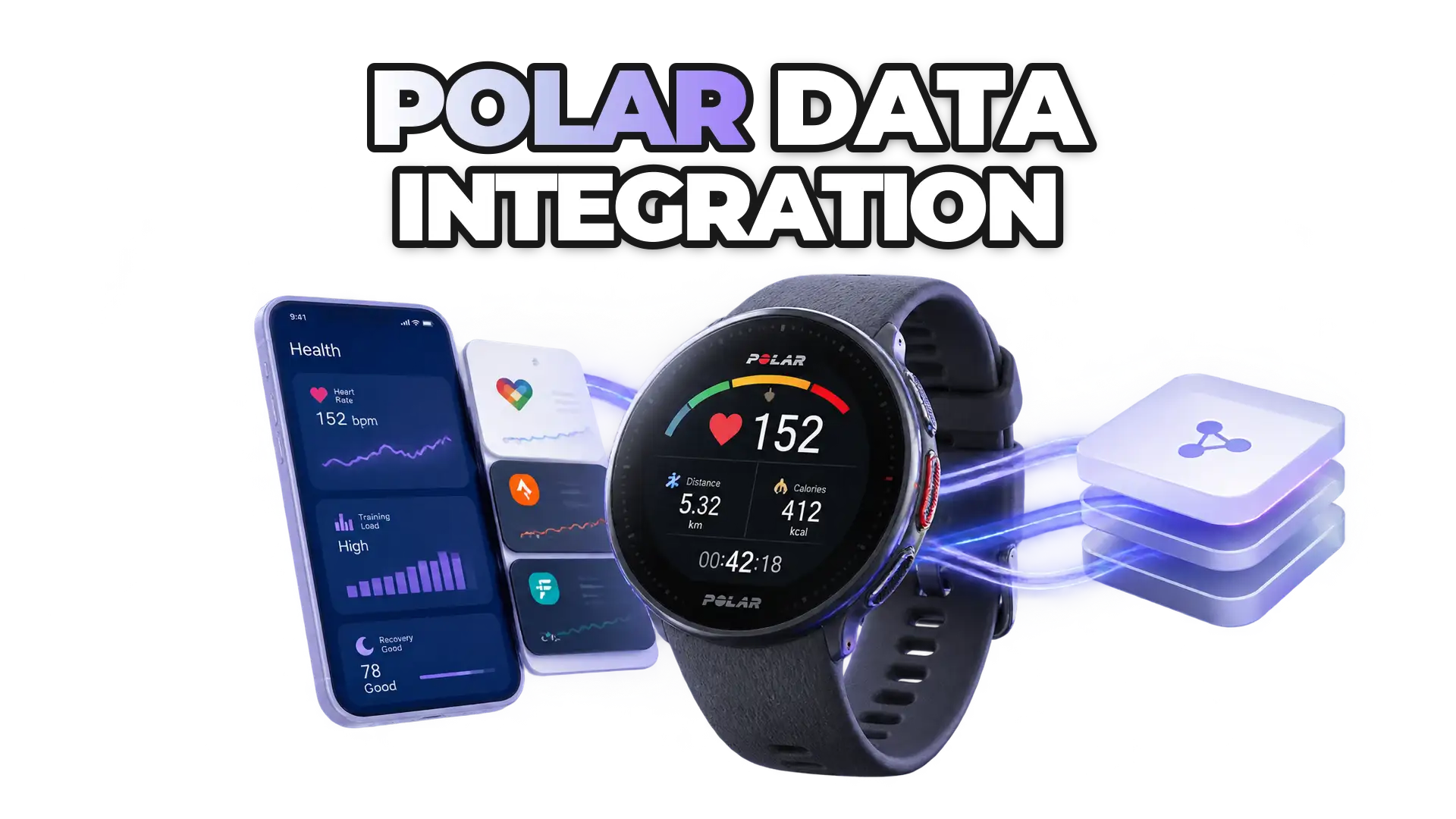 A Polar smartwatch displaying heart rate and training metrics, connected through ROOK's data standardization layer to multiple health app interfaces, representing seamless wearable compatibility.