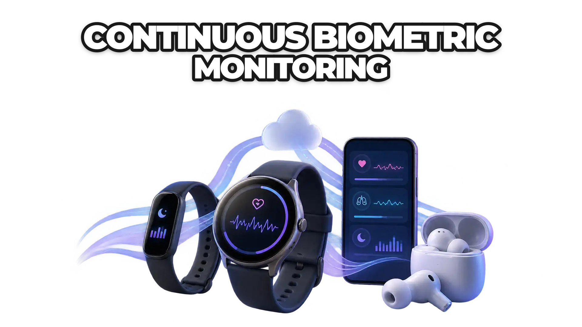Multiple wearable devices—smartwatch, fitness tracker, smart earbuds—simultaneously collecting heart rate variability, respiratory rate, and sleep data streams flowing into a unified health platform.