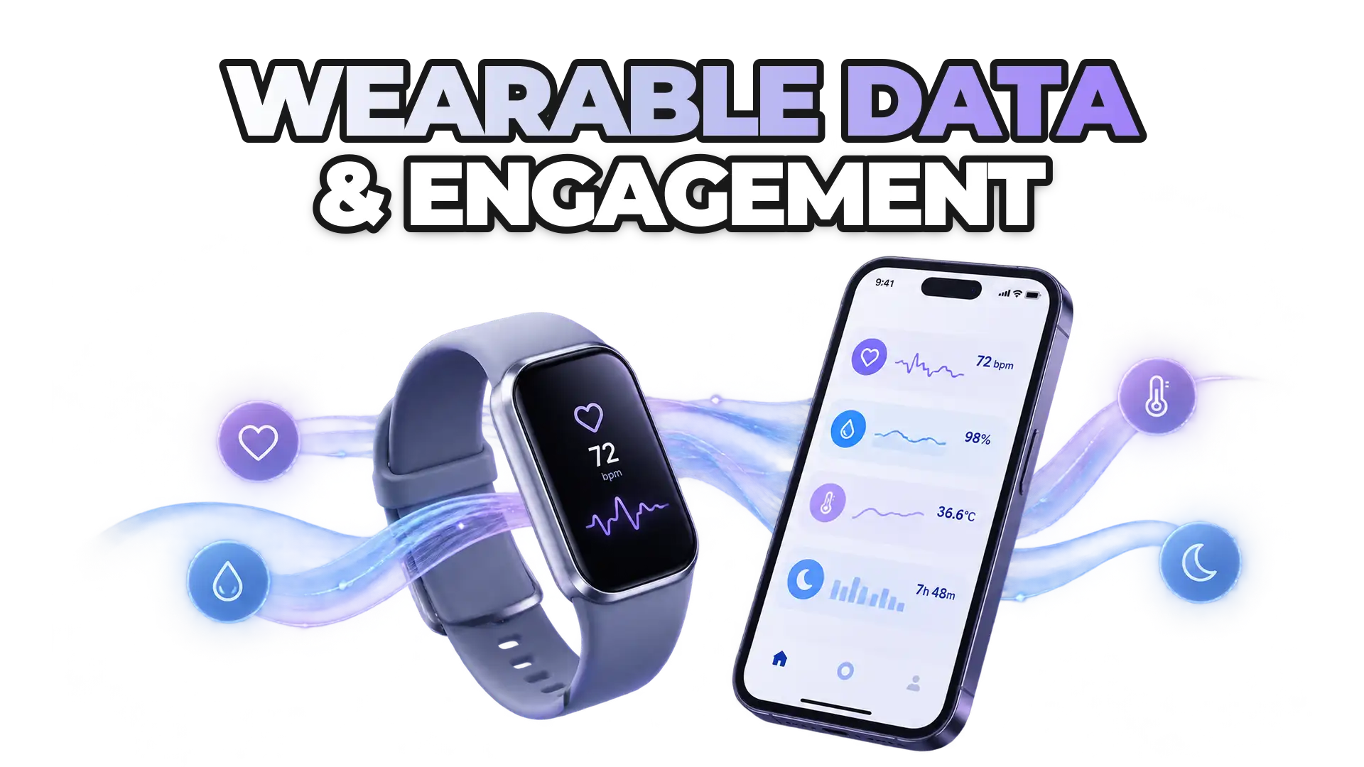 A wearable device transmitting daily biomarkers in real time to a digital health app interface, showing the continuous data stream creating touchpoints throughout the user's day.