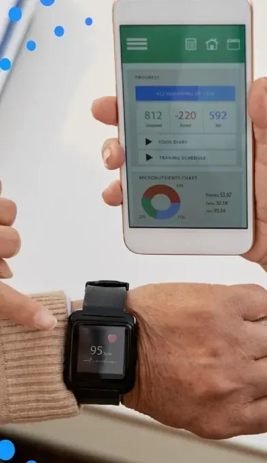 Hand holding a phone with a health app next to a smartwatch