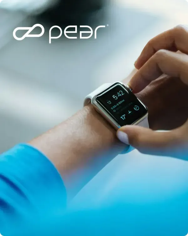PEAR Health Labs logo over a hand tapping a smartwatch