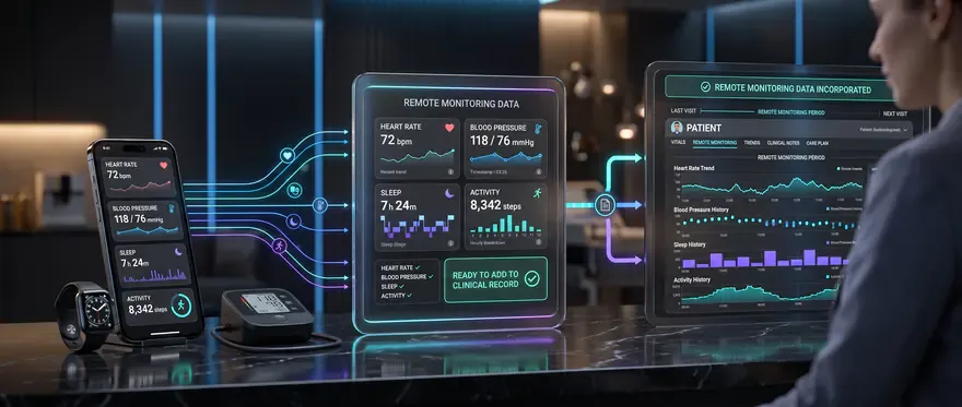 A remote monitoring dashboard with a patient’s vital signs, sleep and activity between visits