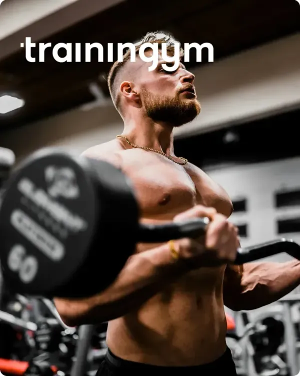 Trainingym logo over an athlete lifting a dumbbell in the gym